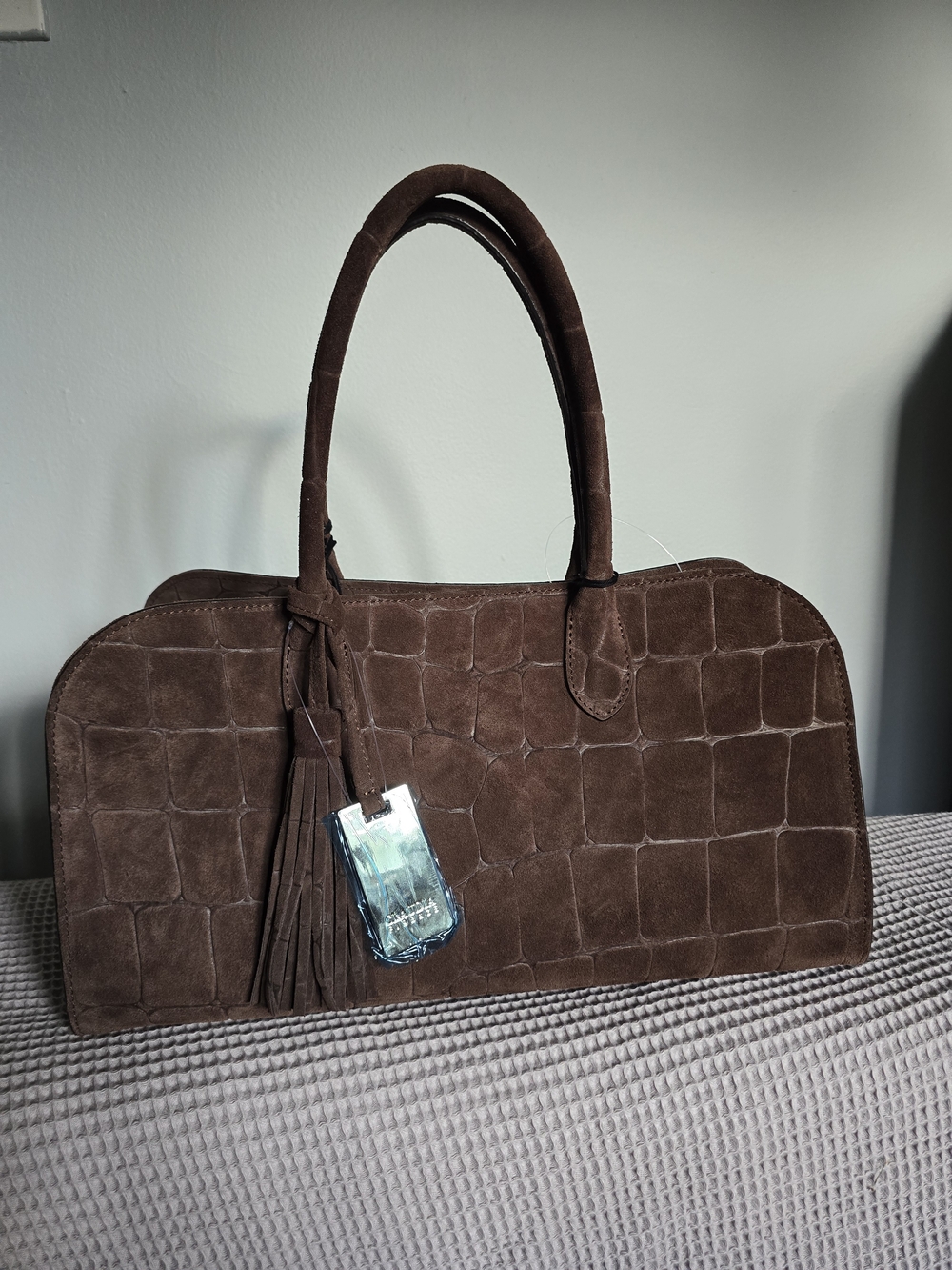 Genuine Leather Suede Croc-Embossed Brown Bag with Tassel Accent